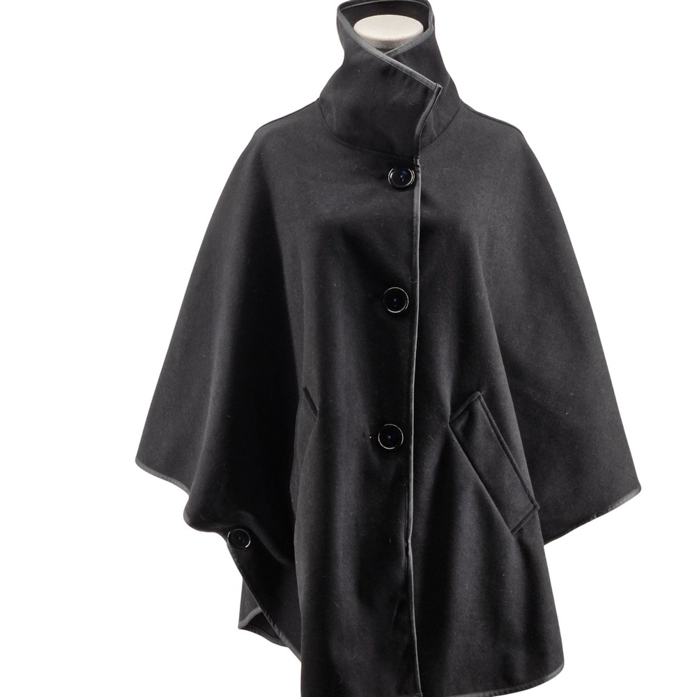 Dale Dressin Cape Womens L Black Wool Tweed Collared Unlined Pockets Button